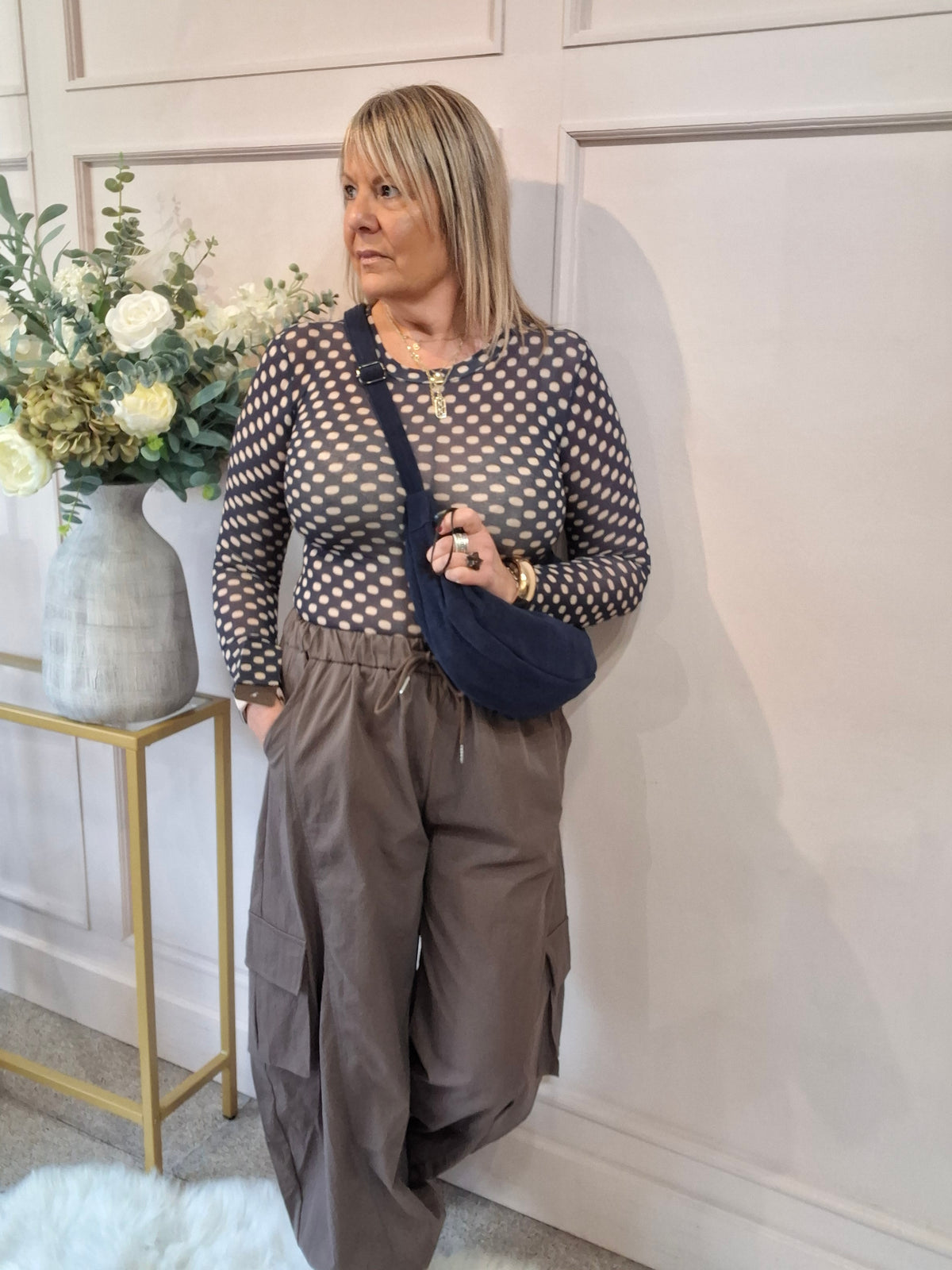 Spotty Mesh Top - Navy/Beige - Wardrobe By Simone