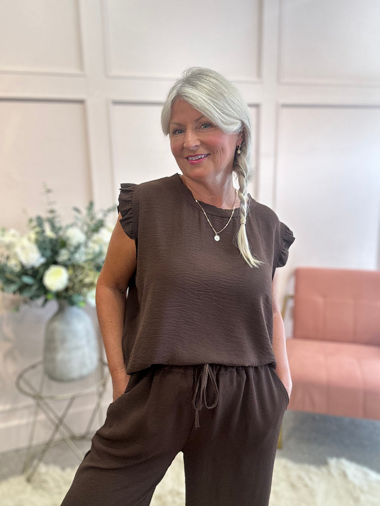 Frill Cap Sleeve Top - Brown