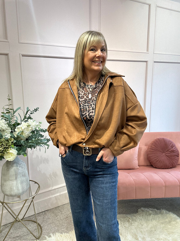 Zipped Suedette Bomber Jacket - Tan