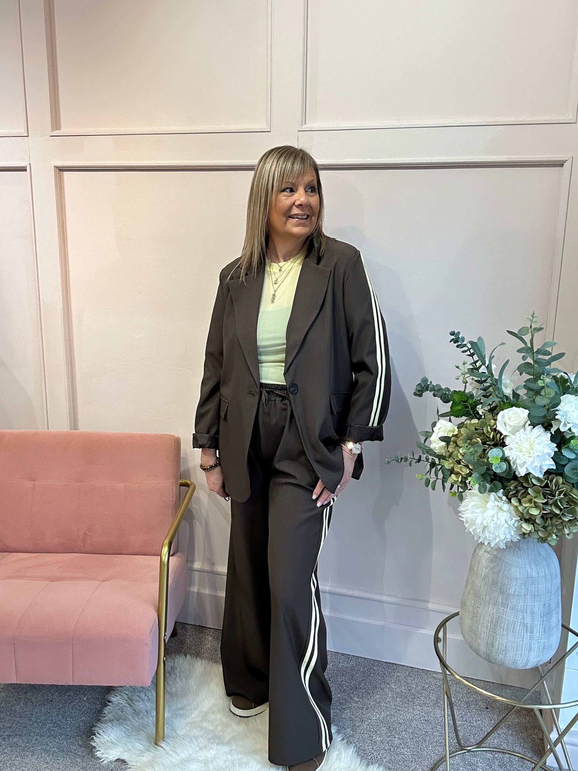 Blazer With Yellow Stripe &Trouser Set -Chocolate