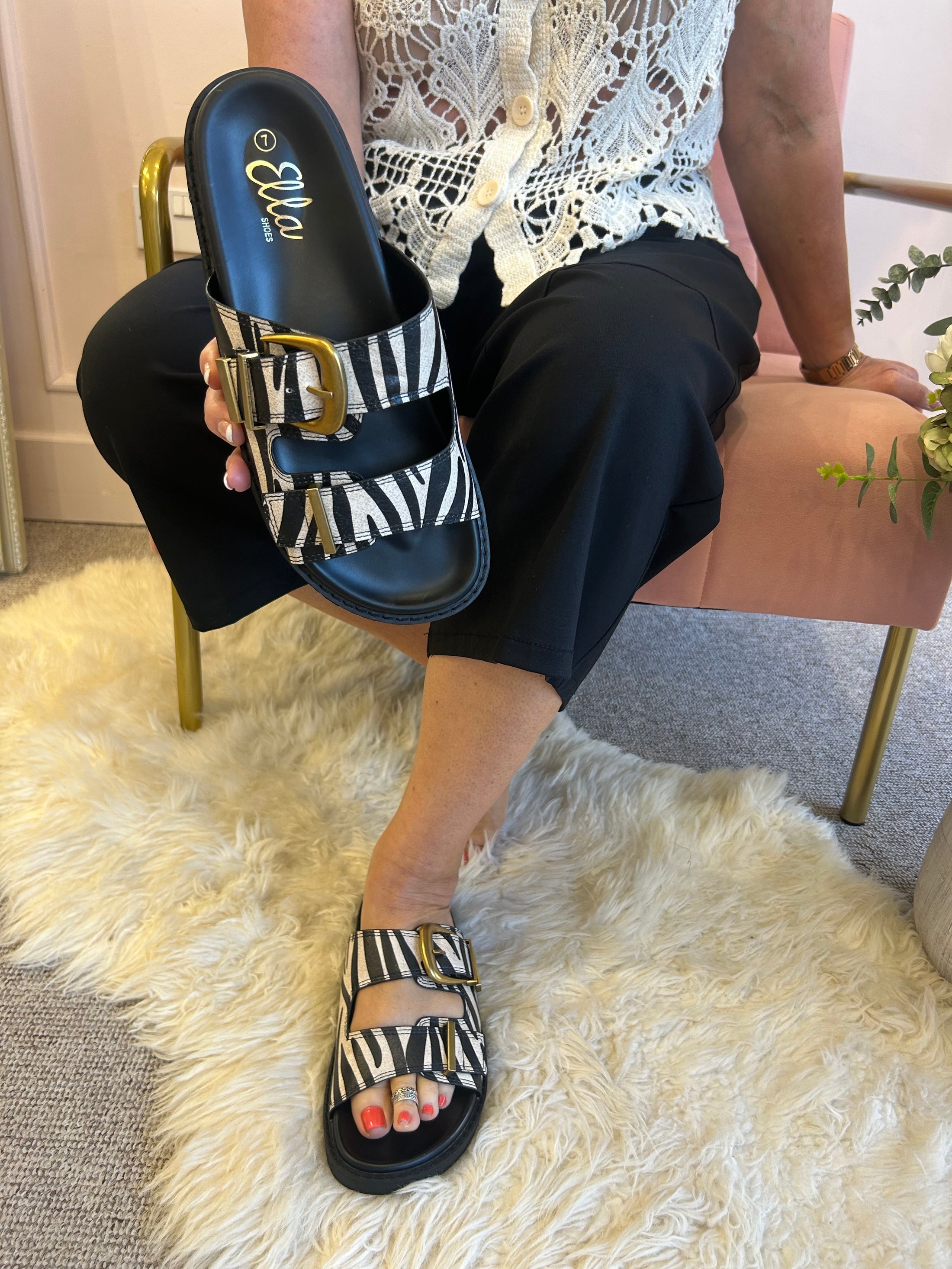 Sienna Buckle Slider Sandal - Zebra