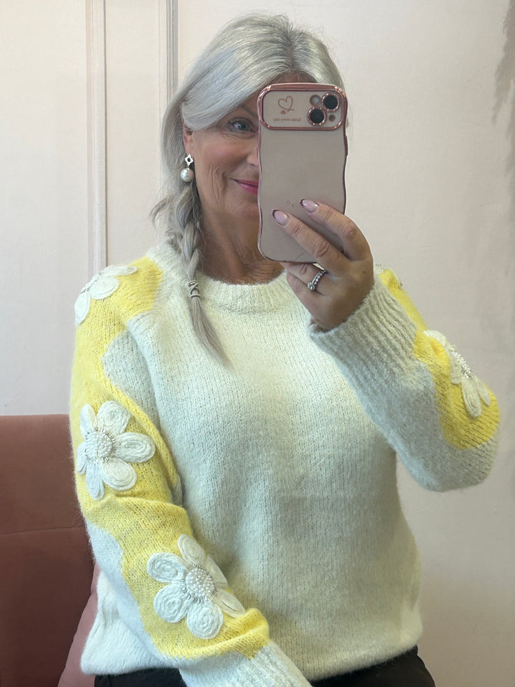 Beaded Flower Detail Jumper - Cream/Yellow