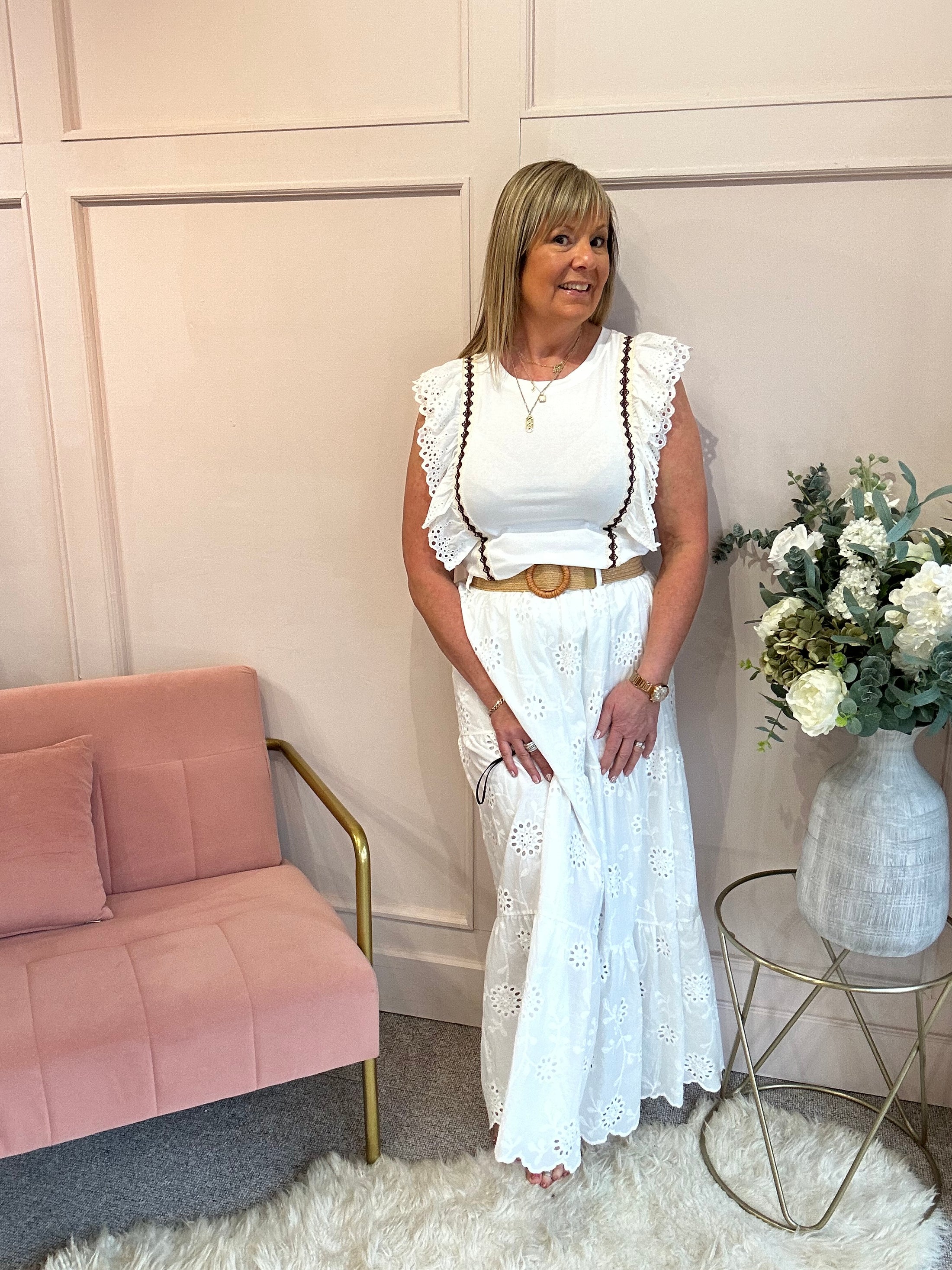 Broderie Anglaise Frill T Shirt  - White/Cream - Wardrobe By Simone