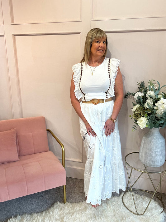 Broderie Anglaise Frill T Shirt  - White/Cream - Wardrobe By Simone