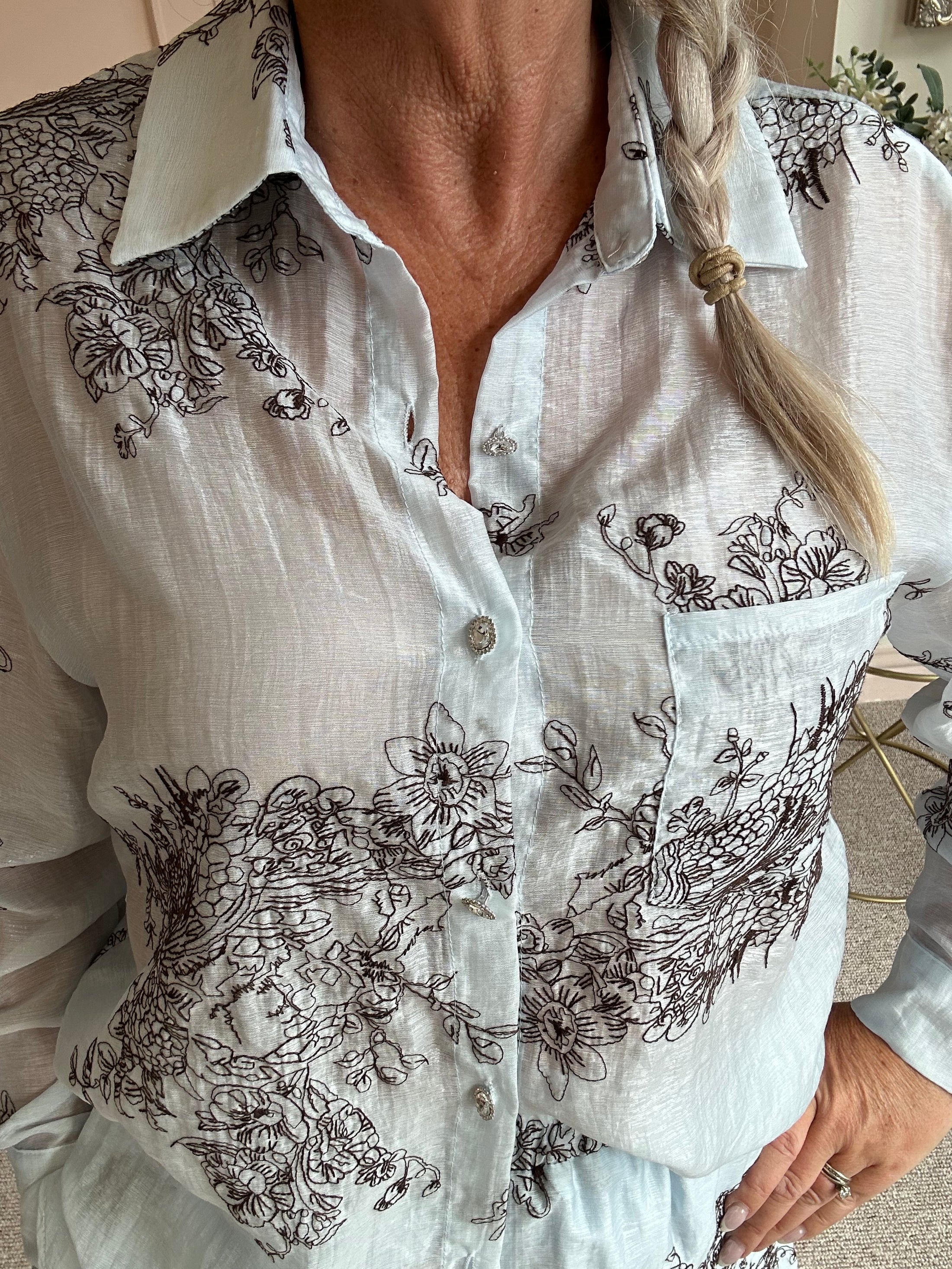 Embroidered Shirt & Short Set - Soft Blue - Wardrobe By Simone