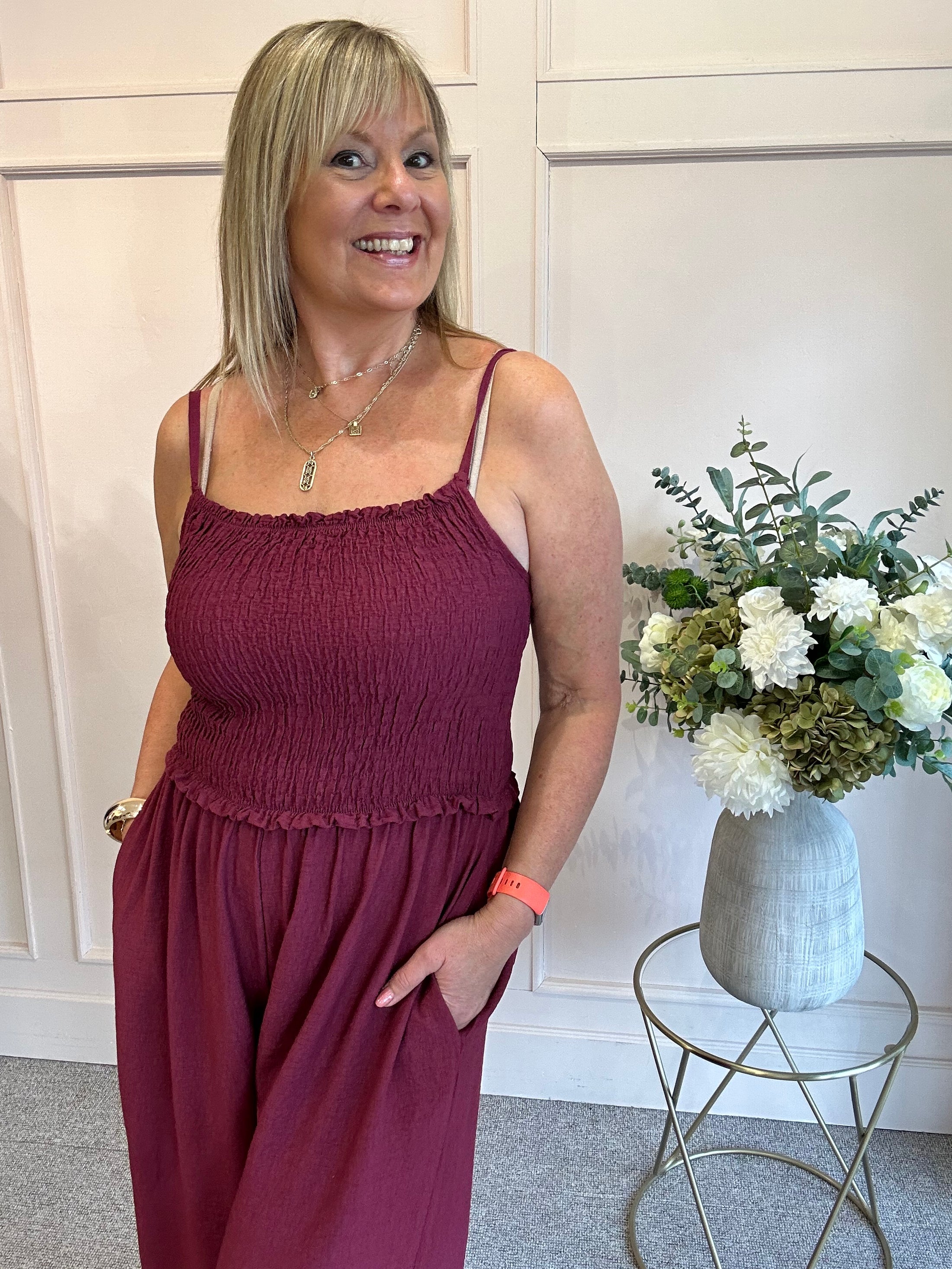 Elasticated Bodice & Wide Leg Jumpsuit - Burgundy