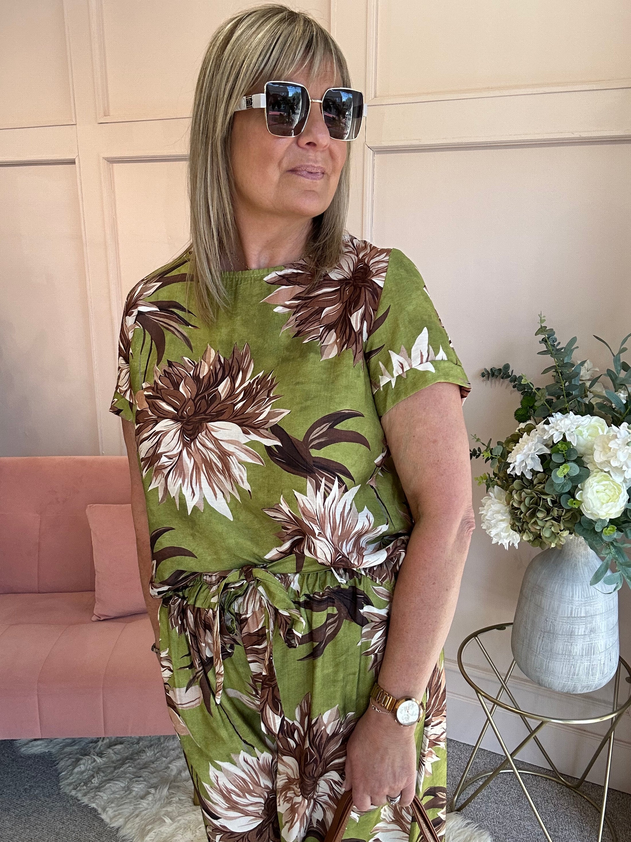 Tropical Top & Crop Pant Set - Olive Green/Brown - Wardrobe By Simone