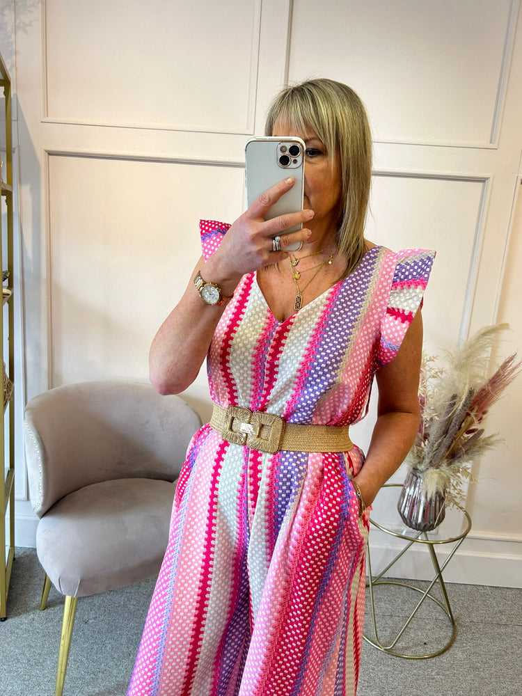 Striped Frill Jumpsuit - Pink