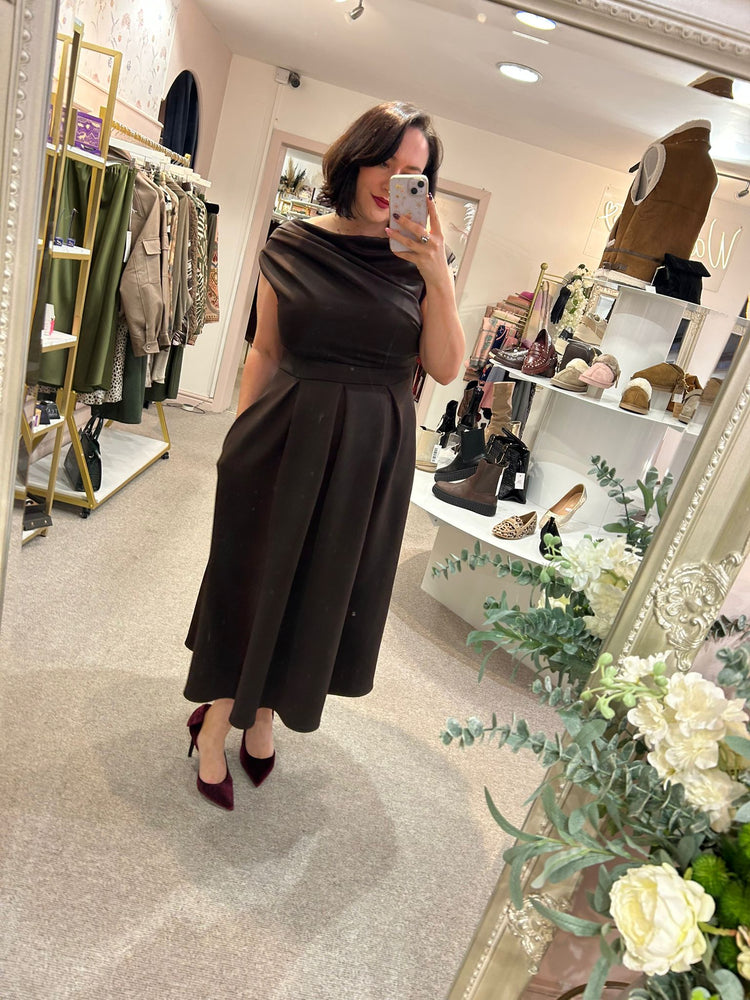 Asymmetric Neckline Skater Dress - Brown