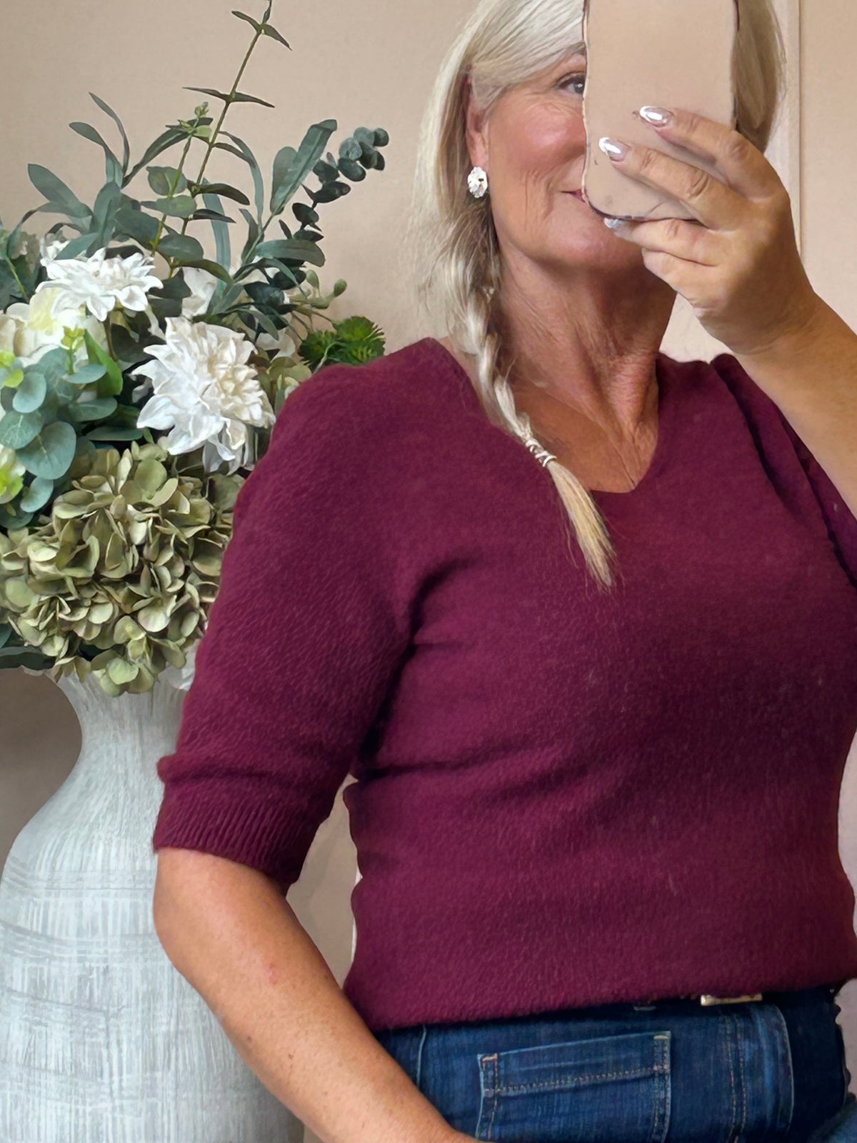 V Neck Short Sleeve Jumper - Burgundy