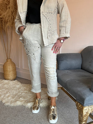 Star Linen Jogger Style Pants - Beige