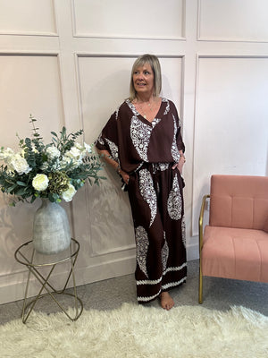 V Neck Top & Wide Pant Set - Brown/Cream