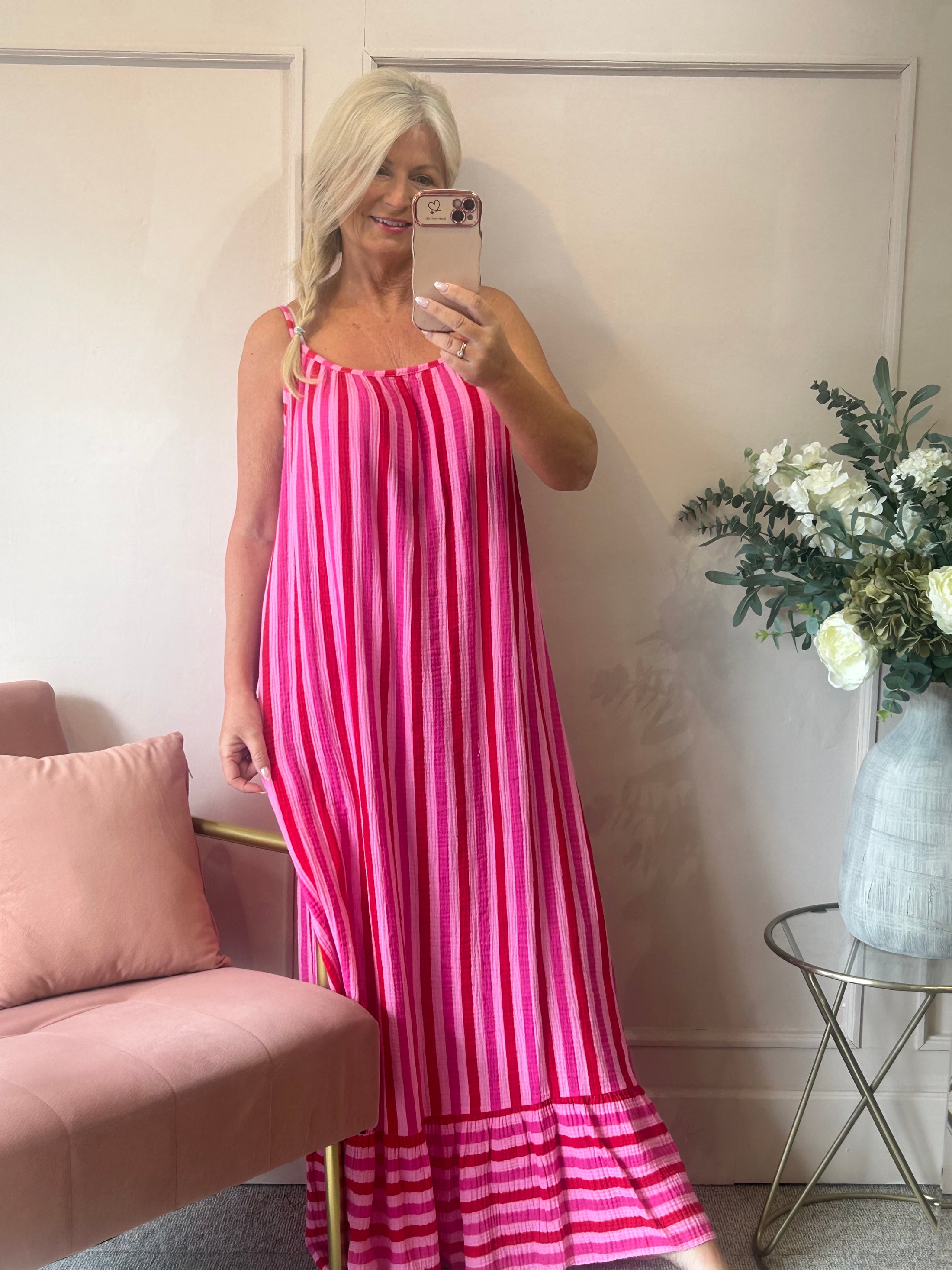 Strappy Maxi Sun Dress- Candy Pink/Reds - Wardrobe By Simone