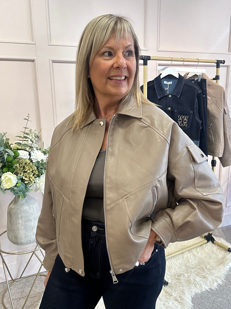 Faux Leather Collared Bomber Jacket - Taupe