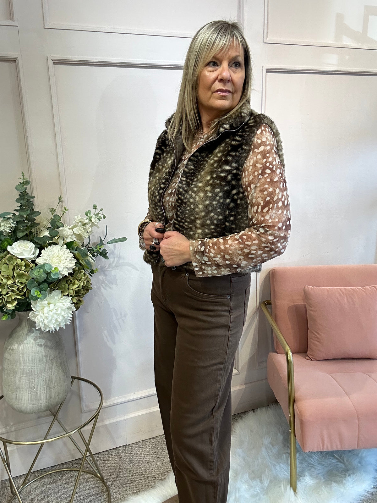 Bambi Cosy Zip Gilet  - Brown/Cream