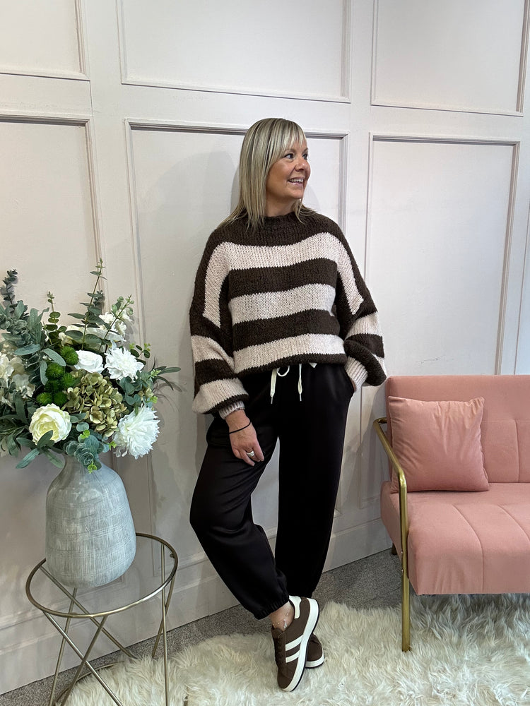 Chunky Striped Knitted Jumper - Brown/Pink