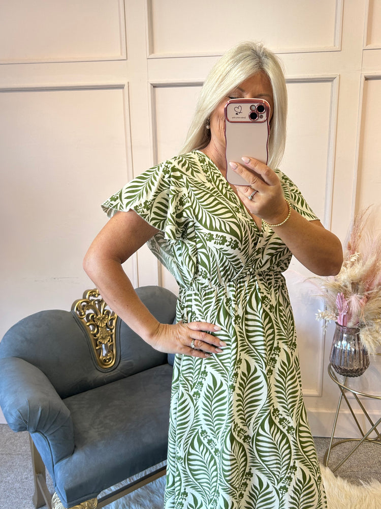 Summer Leaf Maxi Dress - Green/Cream