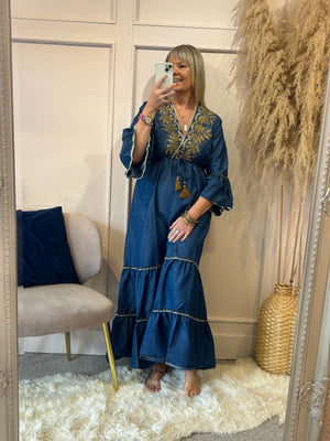 Boho Embroidered Maxi Dress - Dark Blue - Wardrobe By Simone