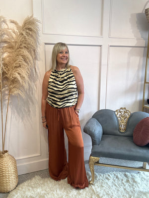Zebra Sleeveless Tie Neck top - Brown Mix - Wardrobe By Simone