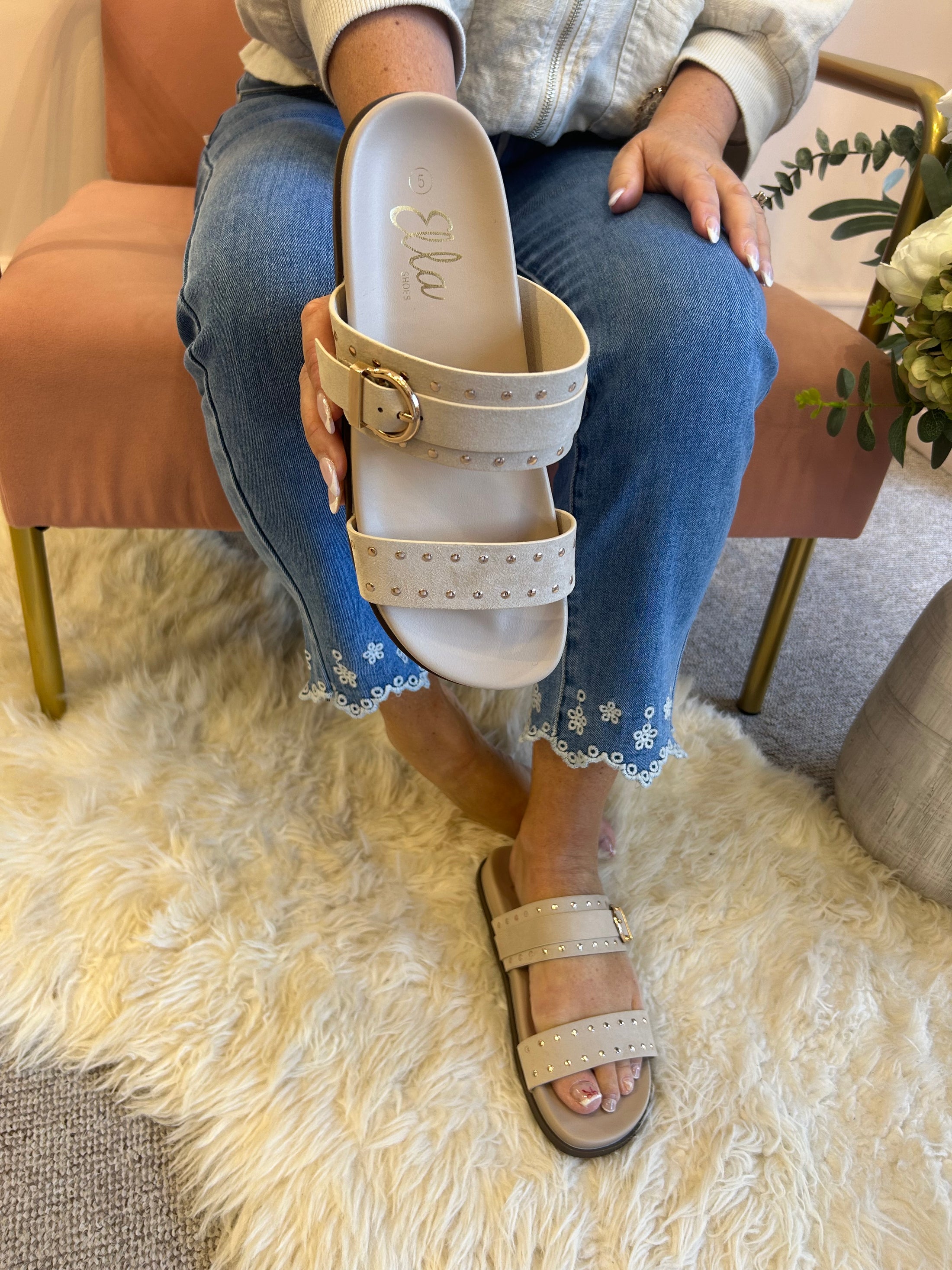 Julia Gold Stud & Buckle Sandal - Cream