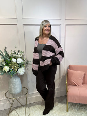 Chunky Knit Striped Cardigan - Pink/Brown