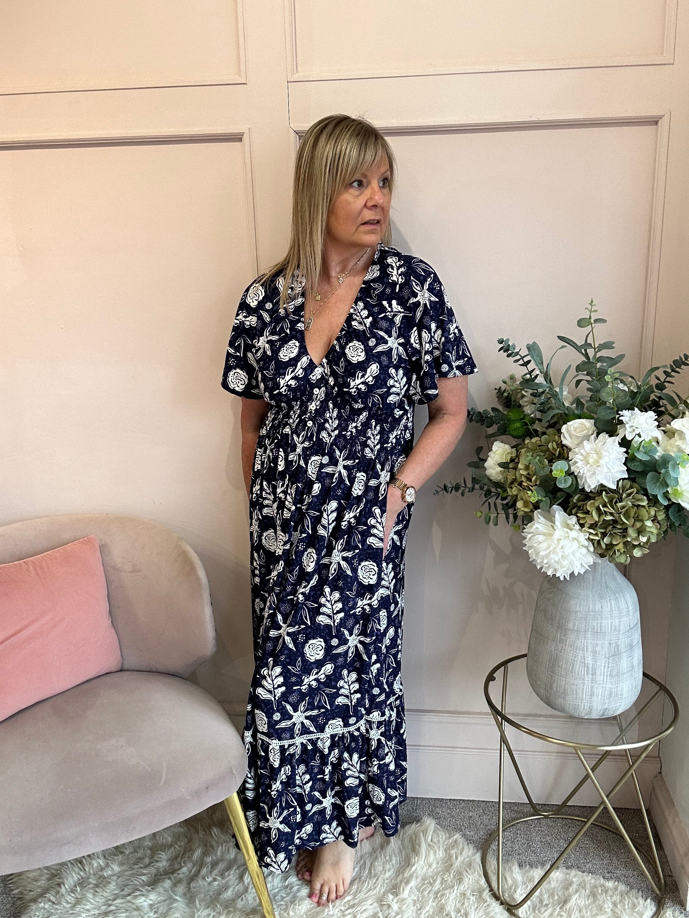 White Floral Maxi Dress - Navy/White - Wardrobe By Simone