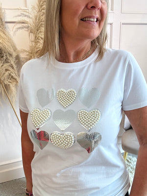 Pearl & Sequin Hearts T-Shirt - White