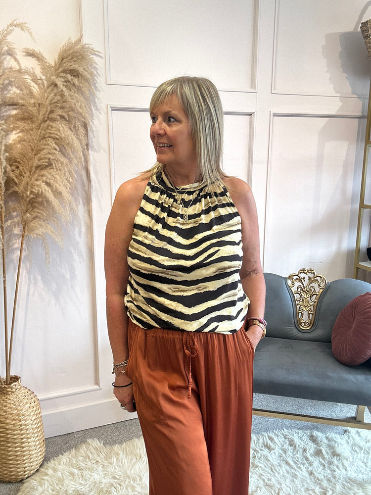 Zebra Sleeveless Tie Neck top - Brown Mix - Wardrobe By Simone