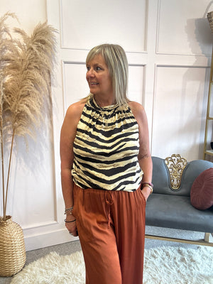 Zebra Sleeveless Tie Neck top - Brown Mix - Wardrobe By Simone