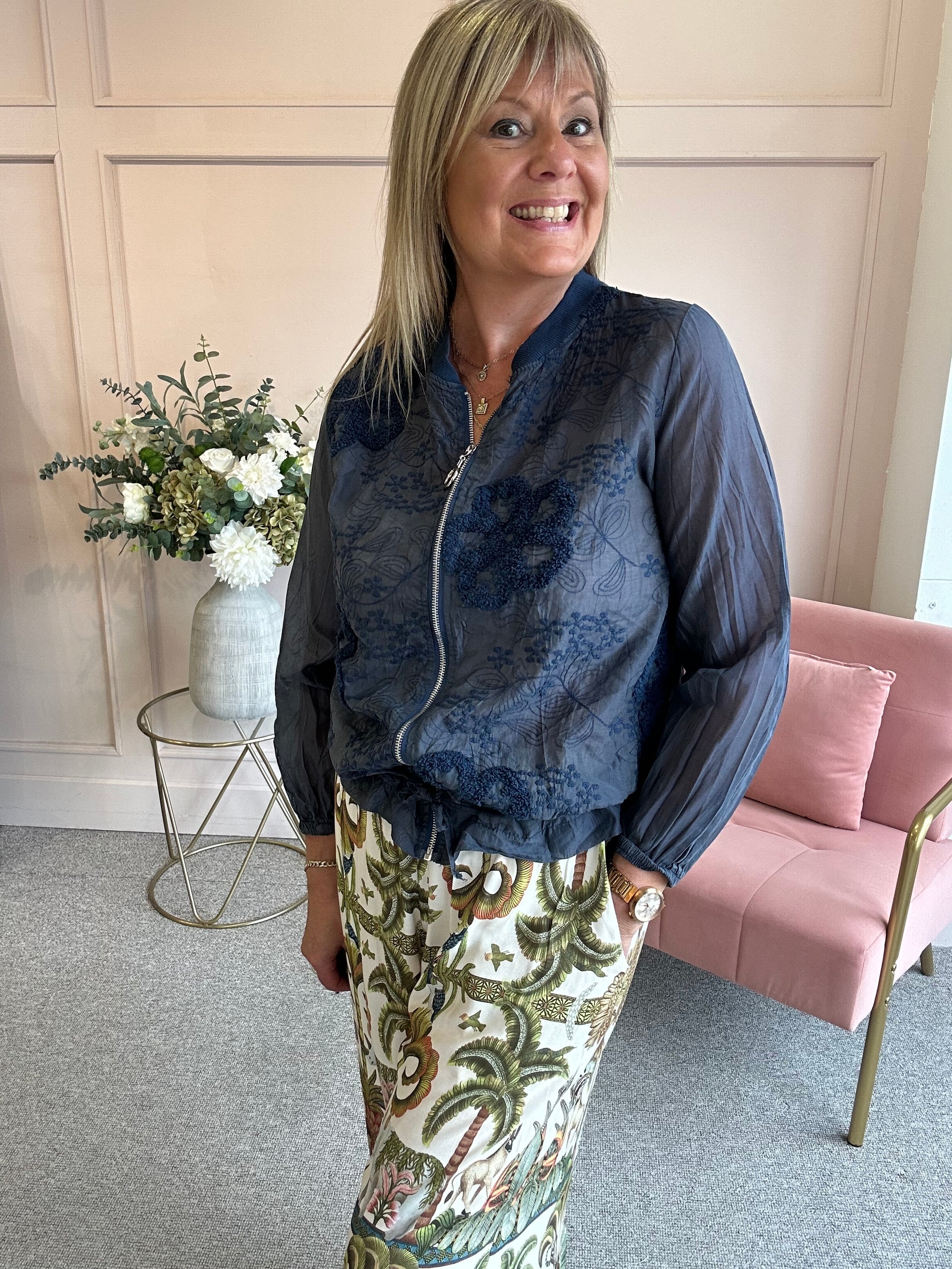 Embossed Floral Zip Jacket - Navy