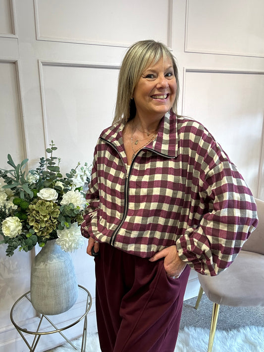 A Checked Zip Jacket - Burgundy/Cream - Wardrobe By Simone