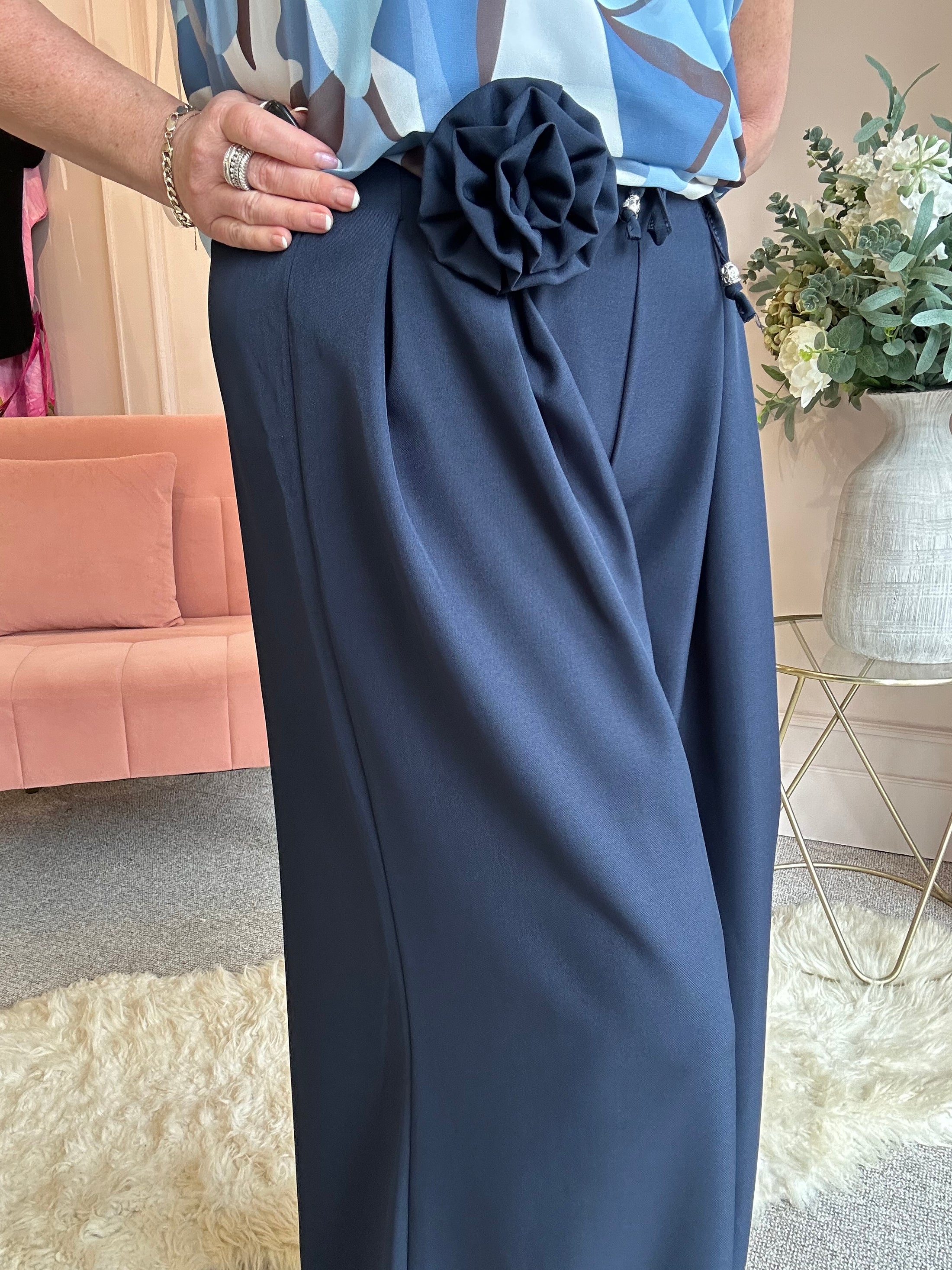 Flower Tie Wide Leg Pant - Navy - Wardrobe By Simone