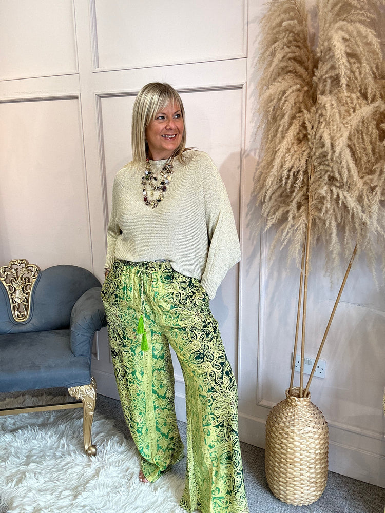 Wide Leg Floaty Pant Paisley  - Lime/Green - Wardrobe By Simone