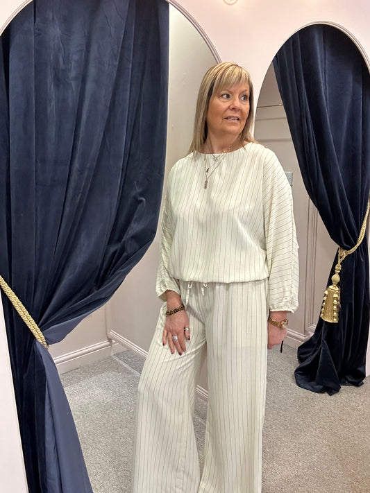 Pinstriped Batwing Top & Pant Set - Cream/Black