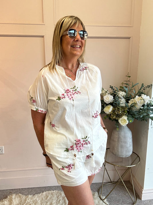 Pink Flowers Top & Shorts Set - White/Pink