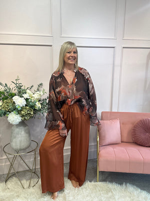 Floaty Frill Detail Top  - Brown/ Orange - Wardrobe By Simone