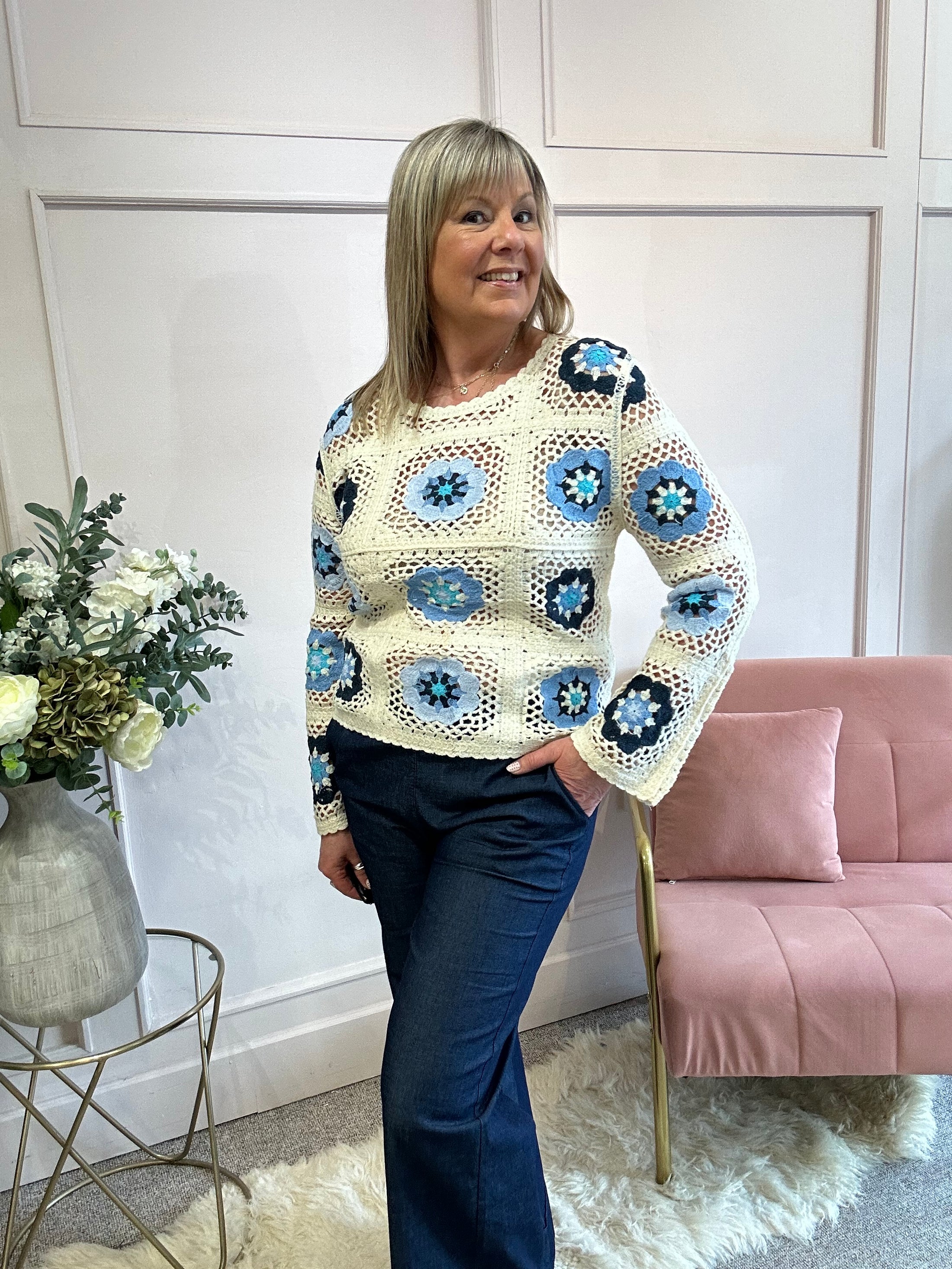 Crochet  Scallop Edge Jumper - Cream/Navy - Wardrobe By Simone