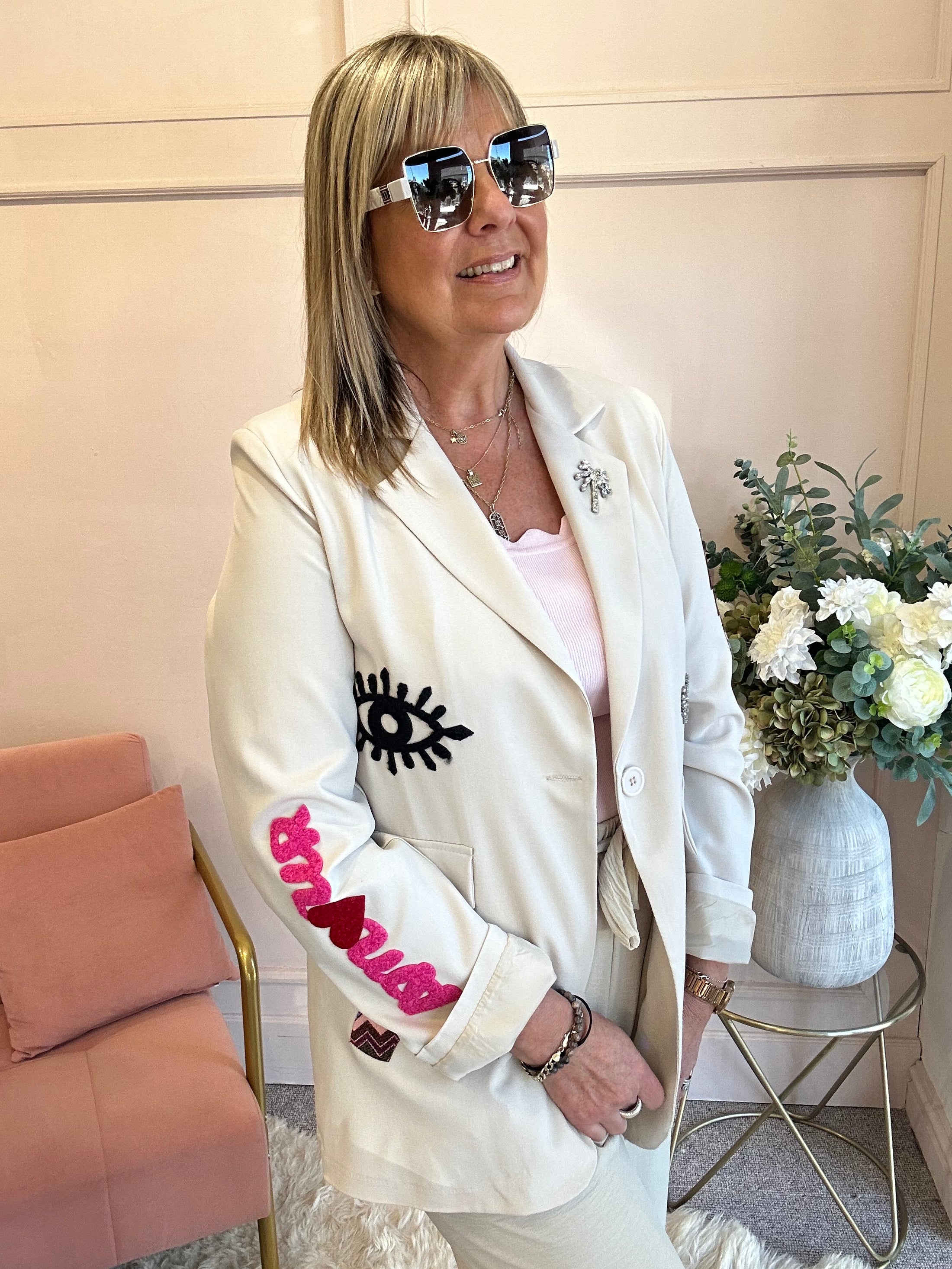 Rock & Roll Oversized Blazer Jacket - Beige - Wardrobe By Simone