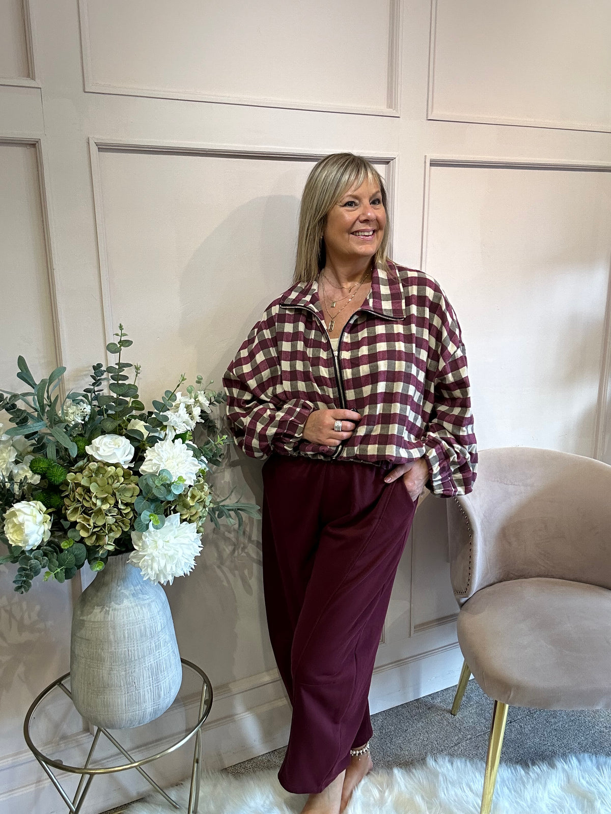A Checked Zip Jacket - Burgundy/Cream - Wardrobe By Simone
