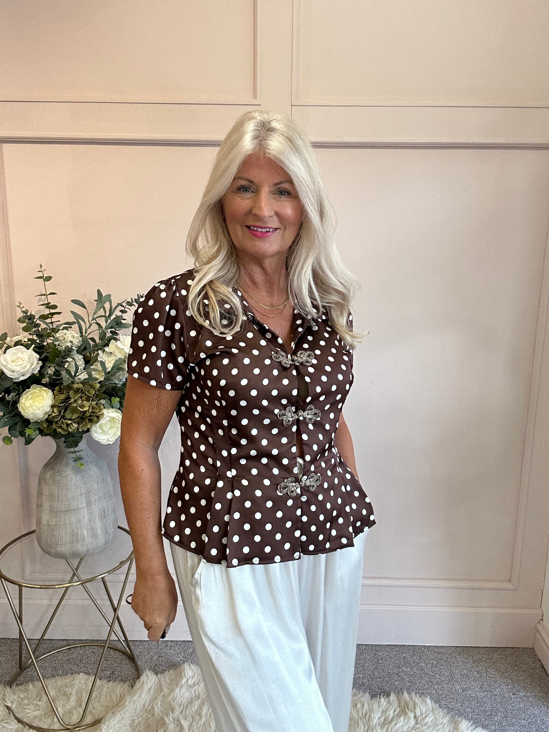 Spotty Collared Shirt Blouse - Brown/White - Wardrobe By Simone