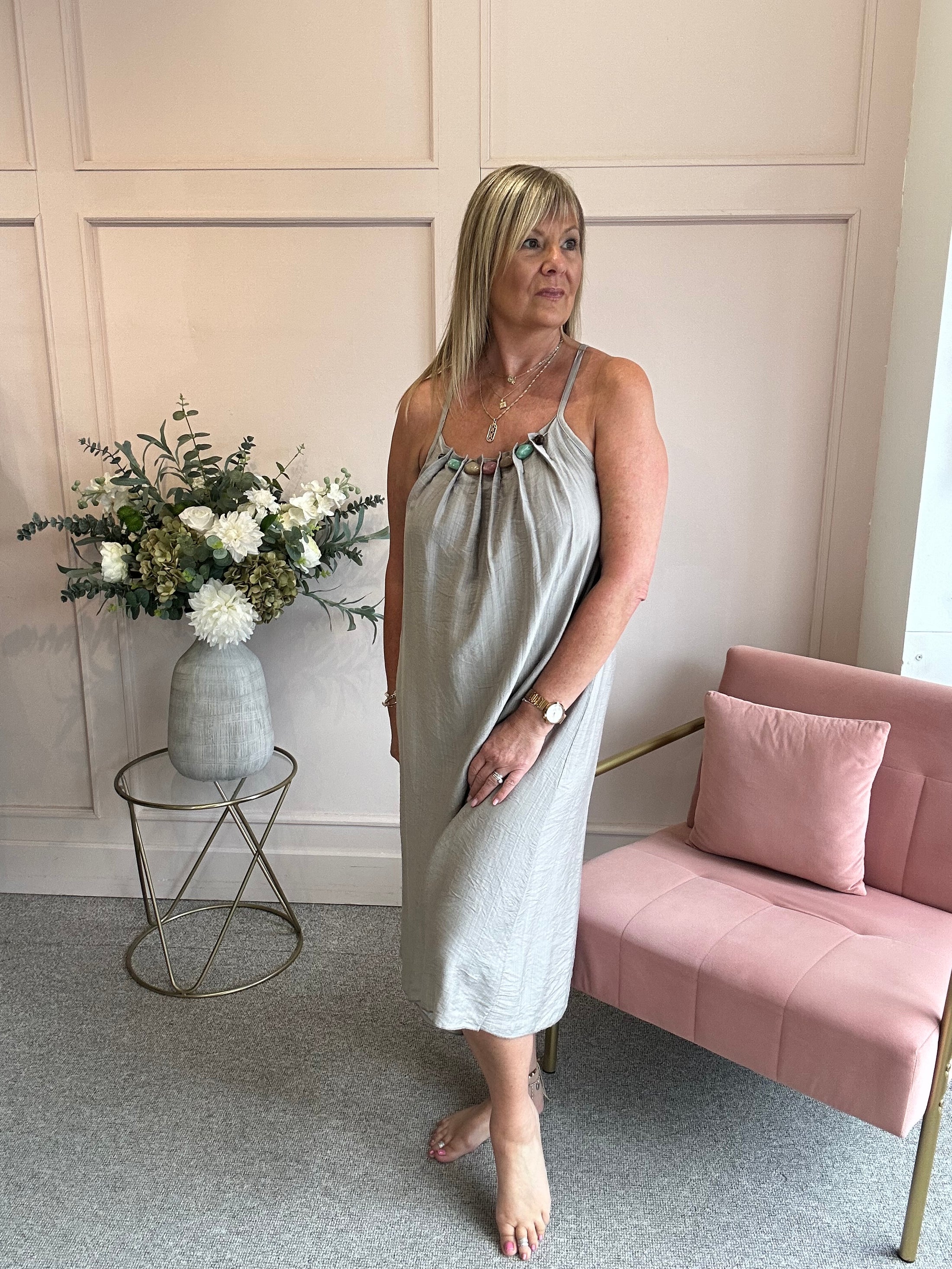 Beaded Strapy Sundress Dress - Taupe