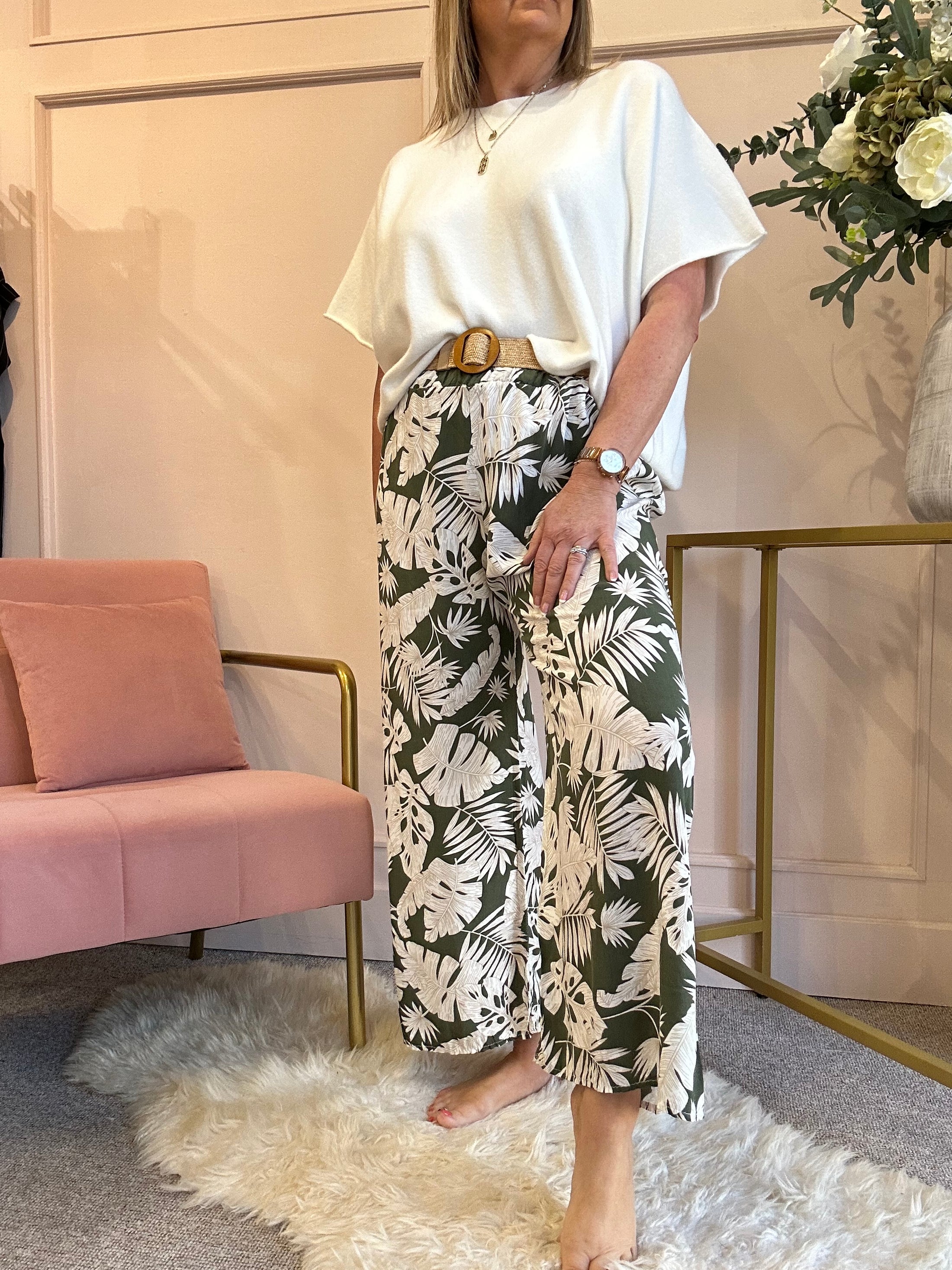 Palm Leaf Wide Belted Pant - Khaki/White - Wardrobe By Simone