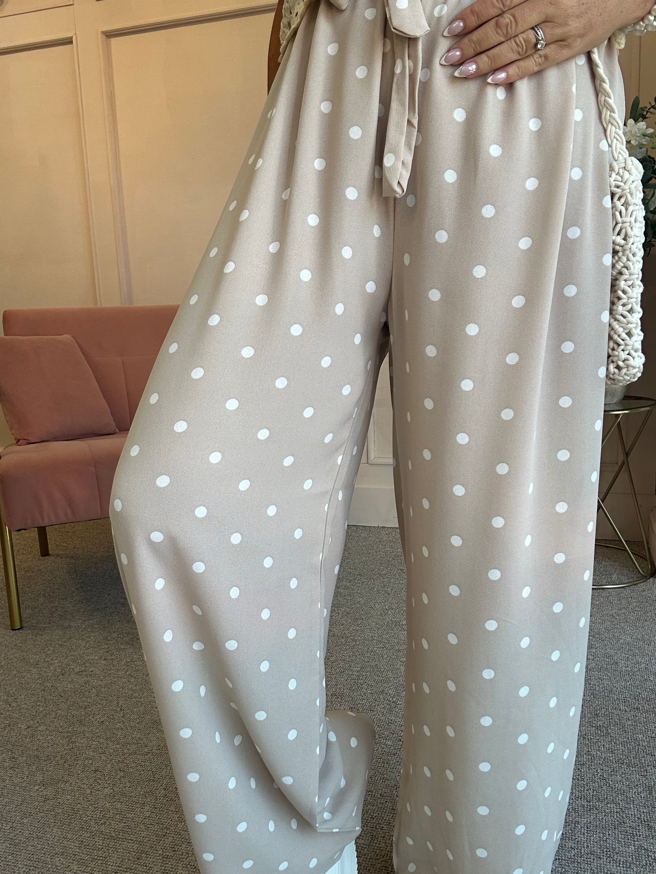 Polka Dot Tie Belt Pant - Beige/White - Wardrobe By Simone