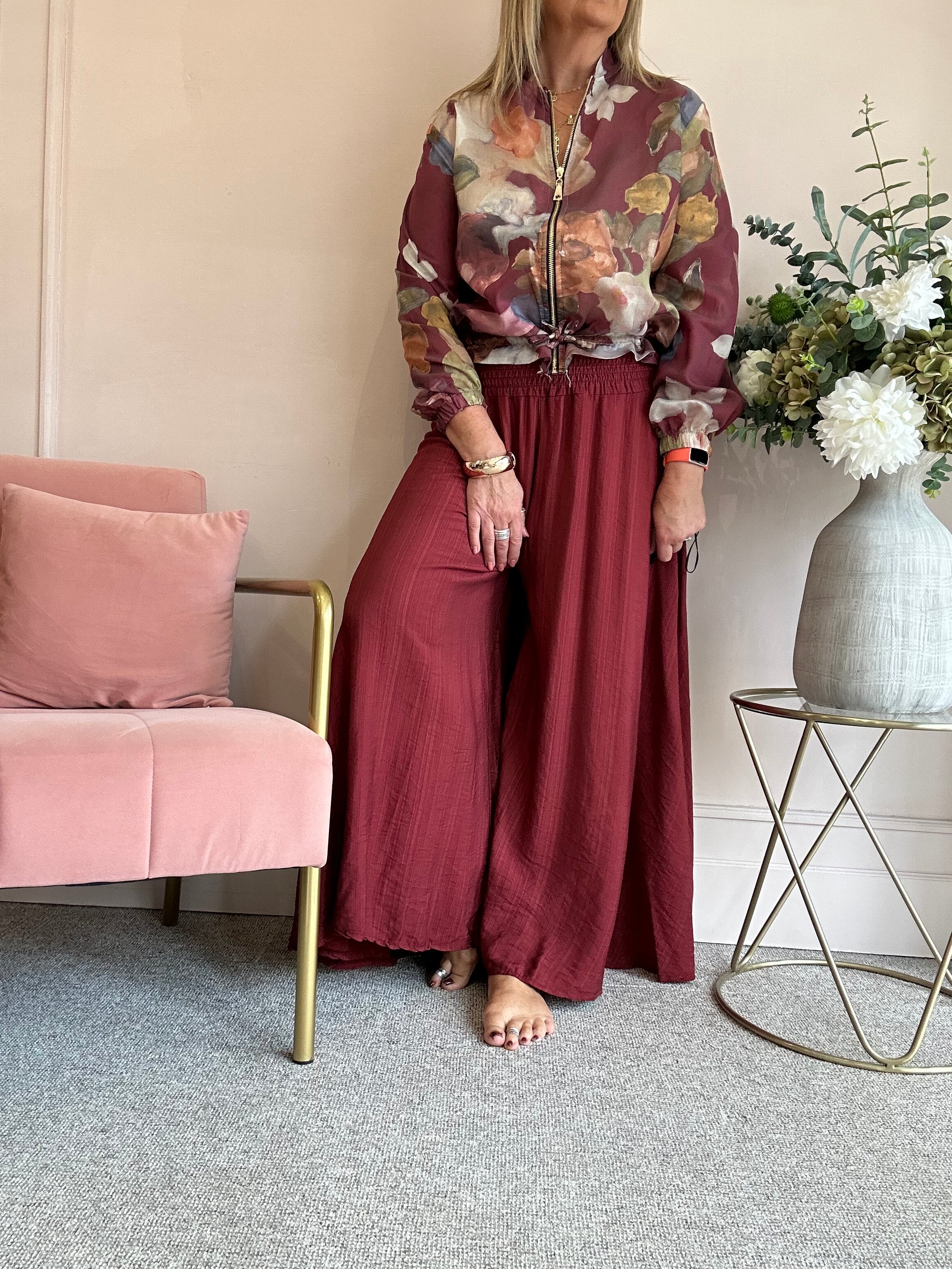 Deep Elasticated Waist Wide Pant - Burgundy