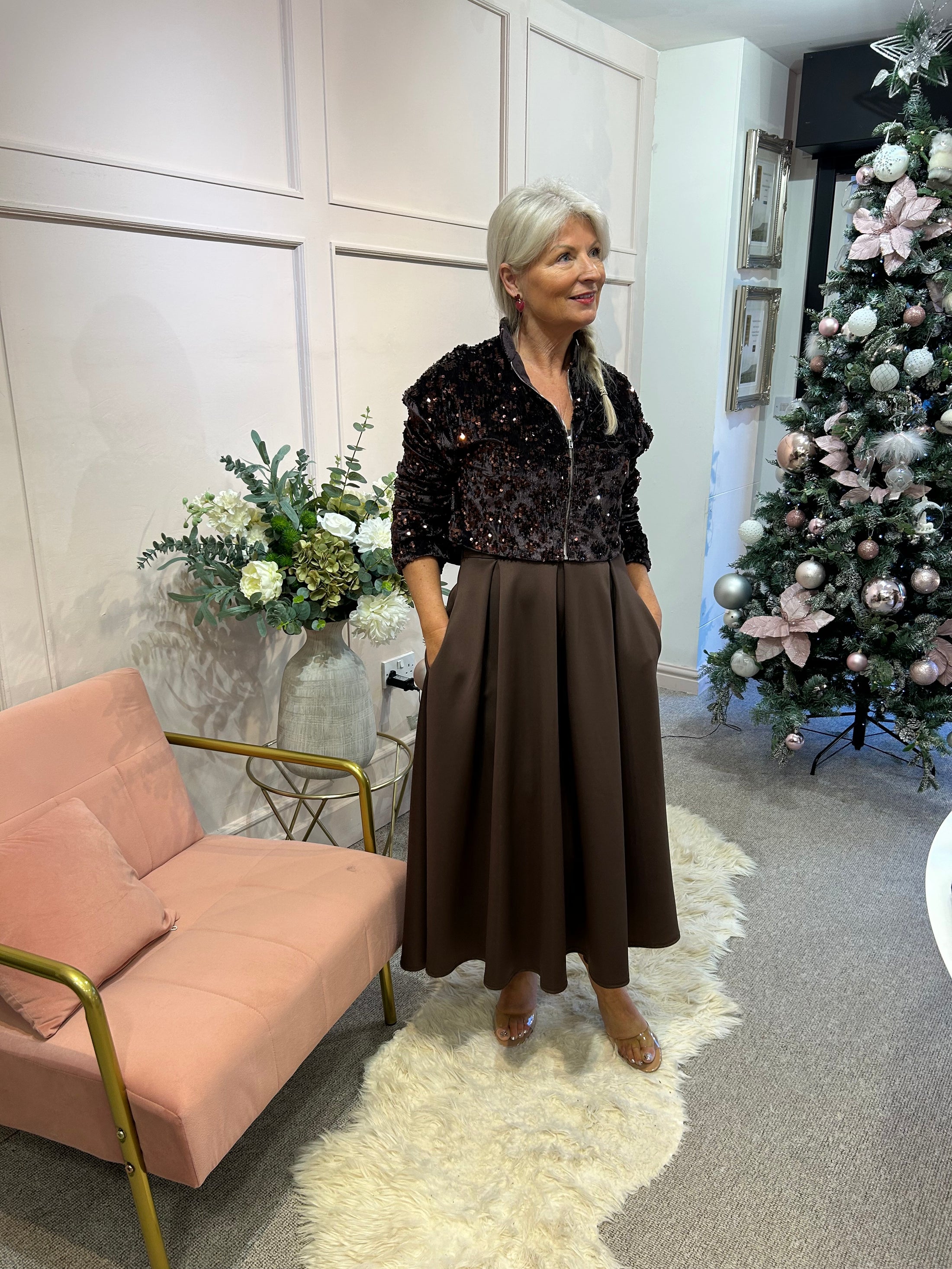 Cropped Sequin Zipped Jacket - Browns/Copper