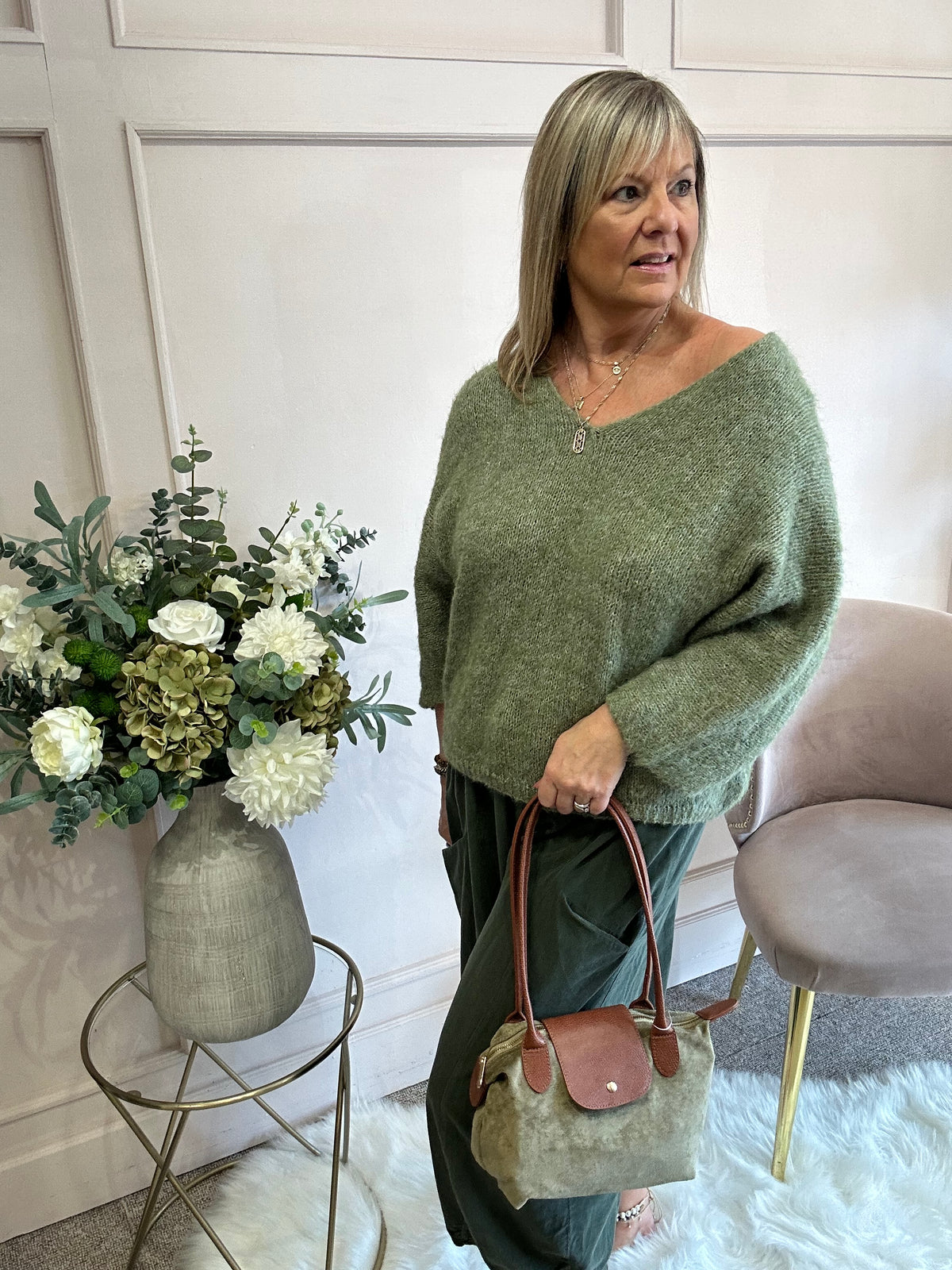 V Neck Knit Jumper - Sage Green