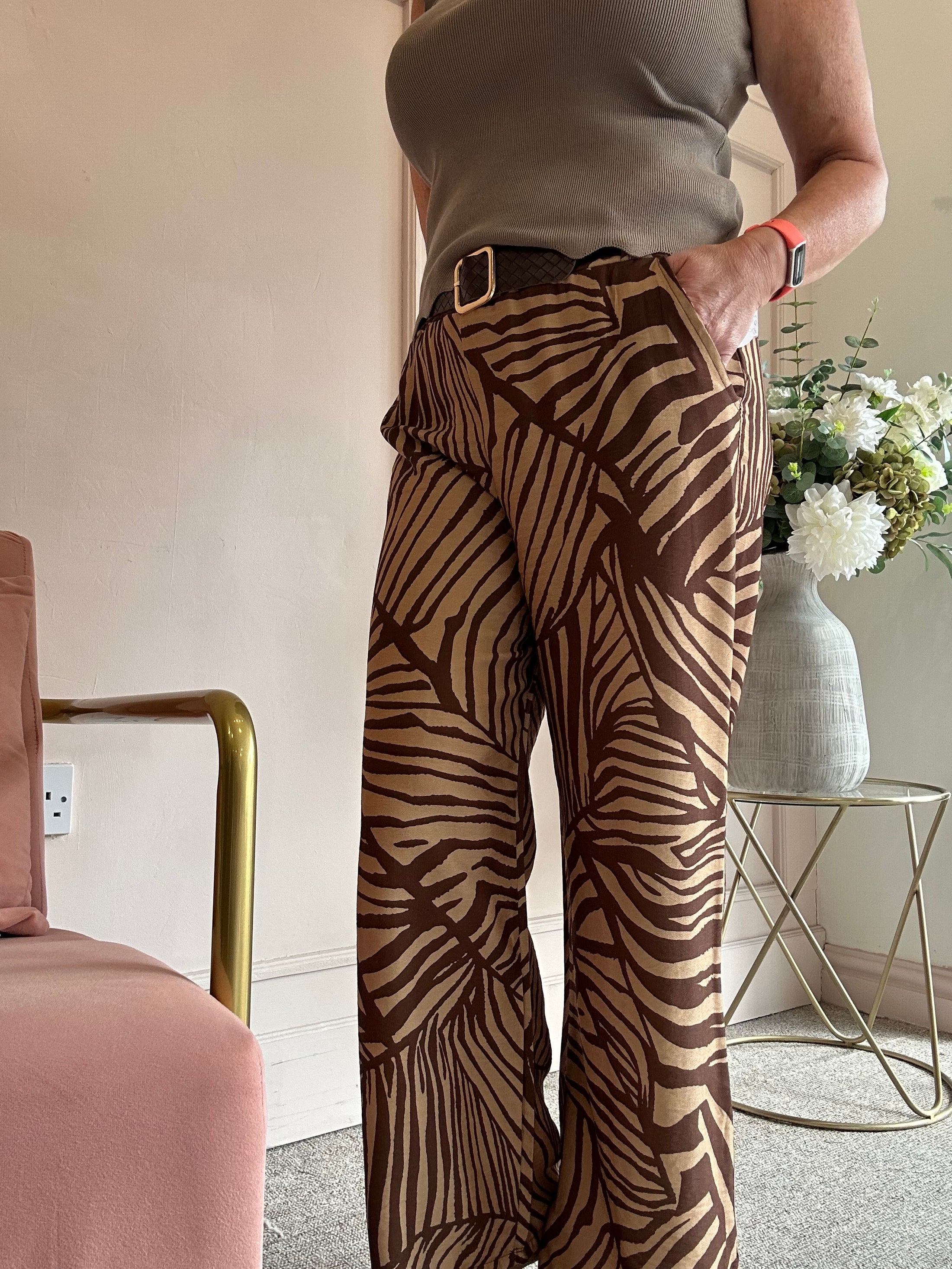 Belted Zebra Wide Pant - Caramel/Brown