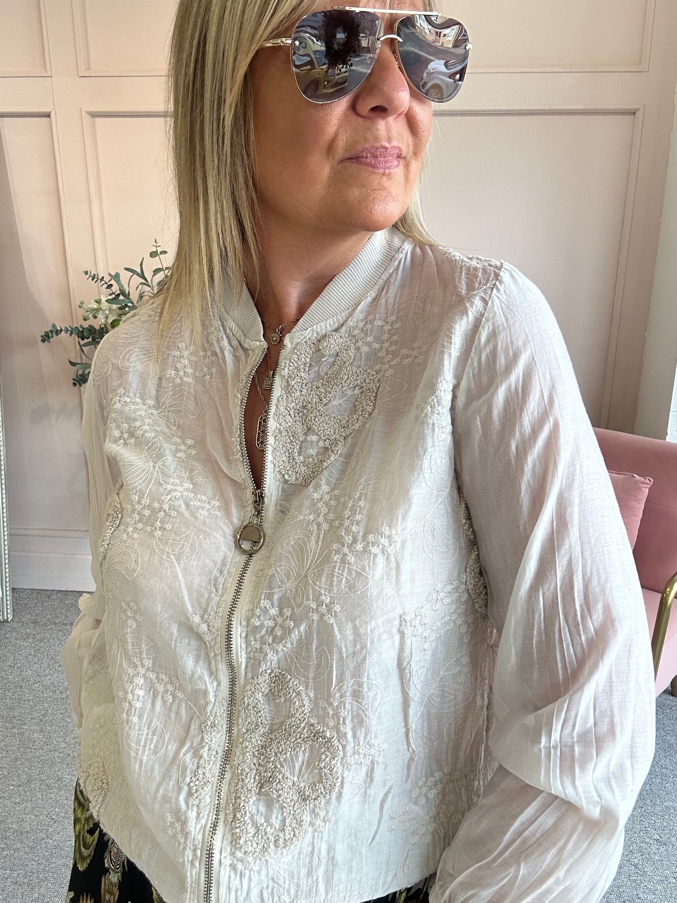 Embossed Floral Zip Jacket - Light Beige
