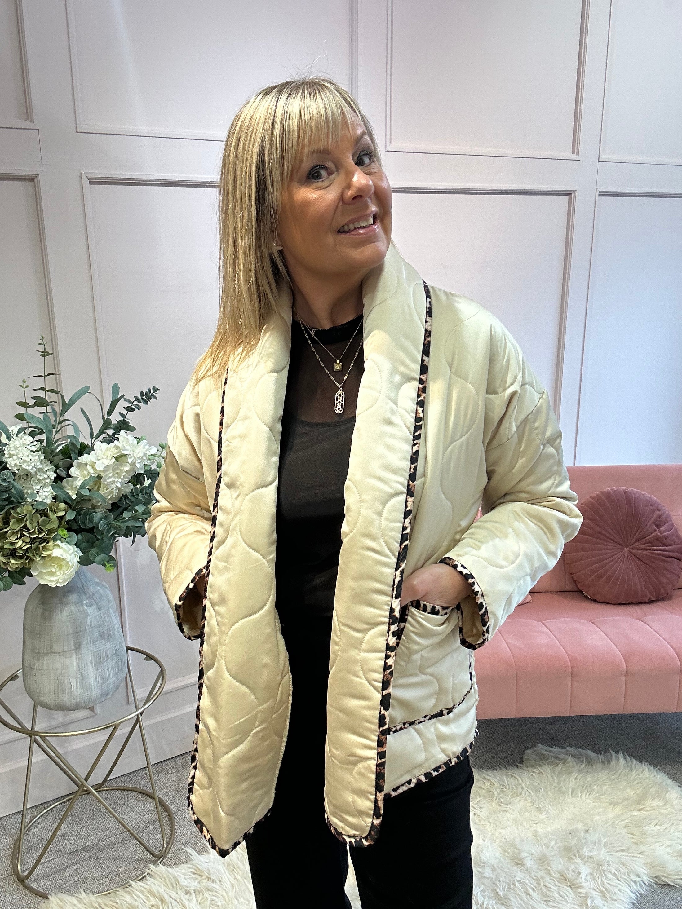 Quilted Jacket - Cream/ Leopard