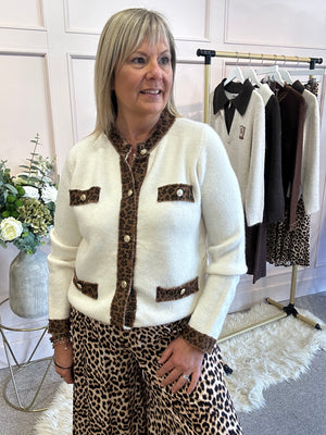 Stylish Leopard Edged Jacket/Cardi  - Cream